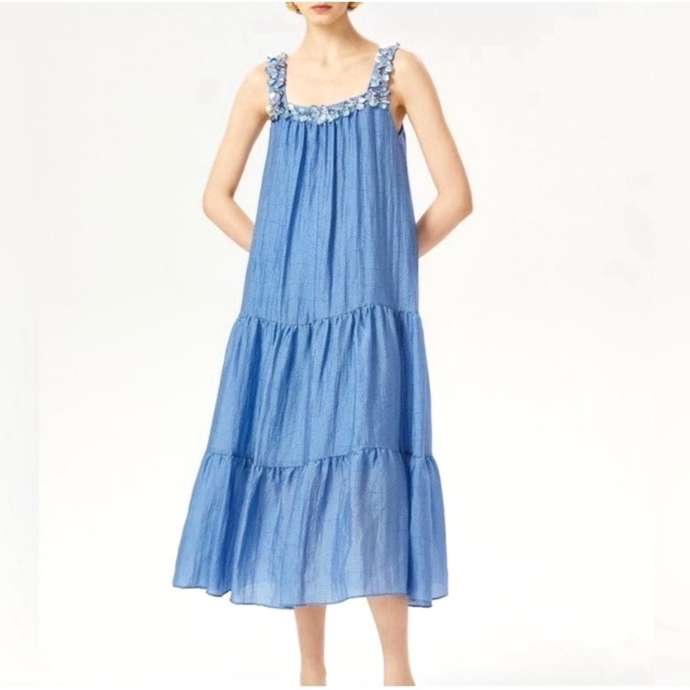 Exquise Anthropologie Blue Beaded Square Neck Tiered Maxi Dress Small - Picture 2 of 8